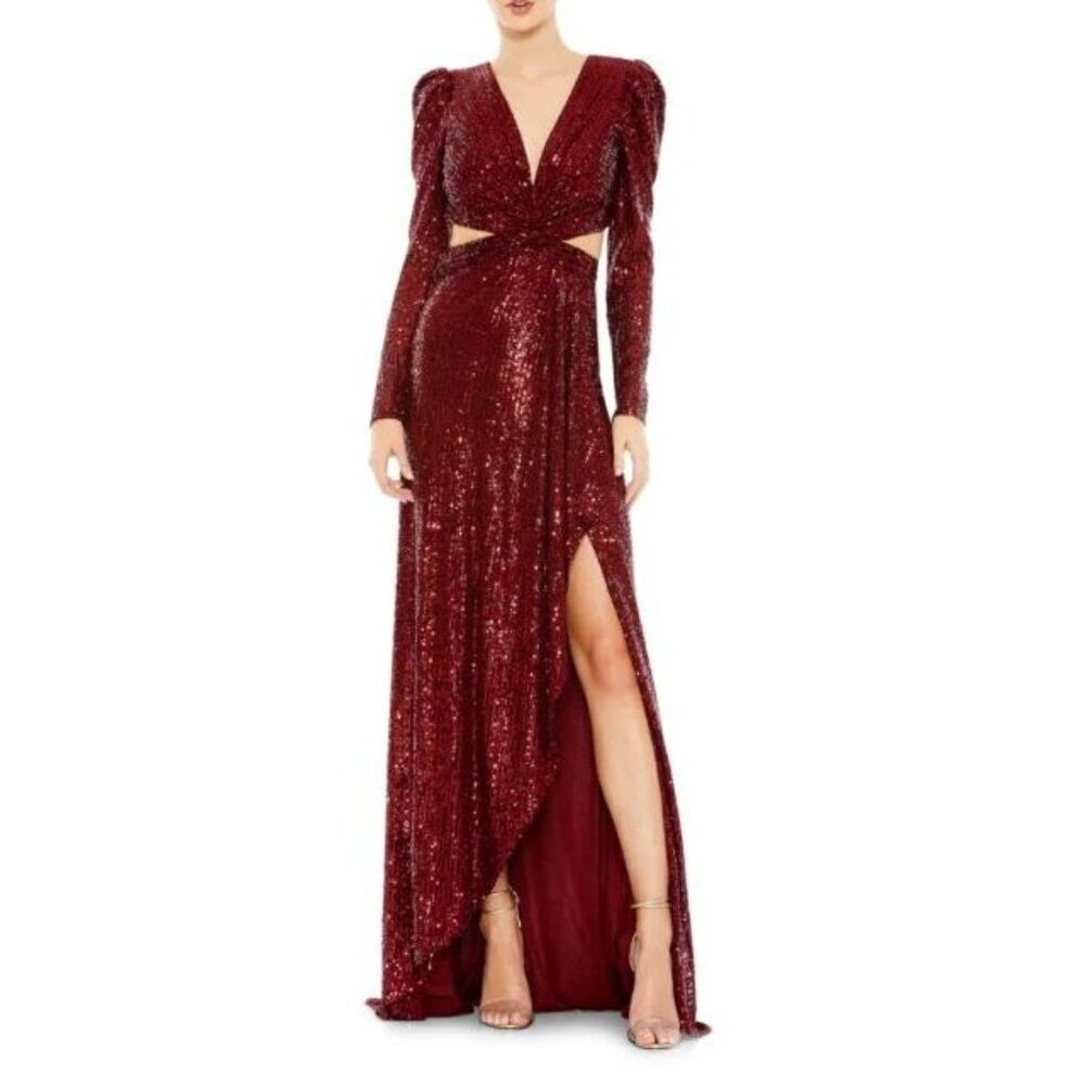 Mac Duggal Burgundy Size 2 Sequins Cut Out Maxi Dress Formal Gown NWT